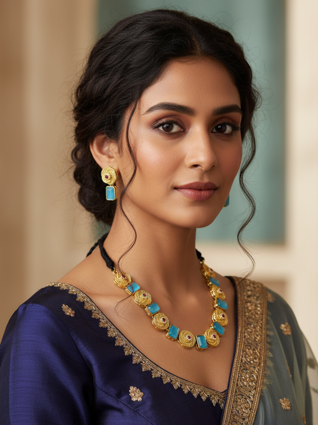 Stunning Antique Gold plated Blue Color Monalisa Stone Color Necklace- Earring Set