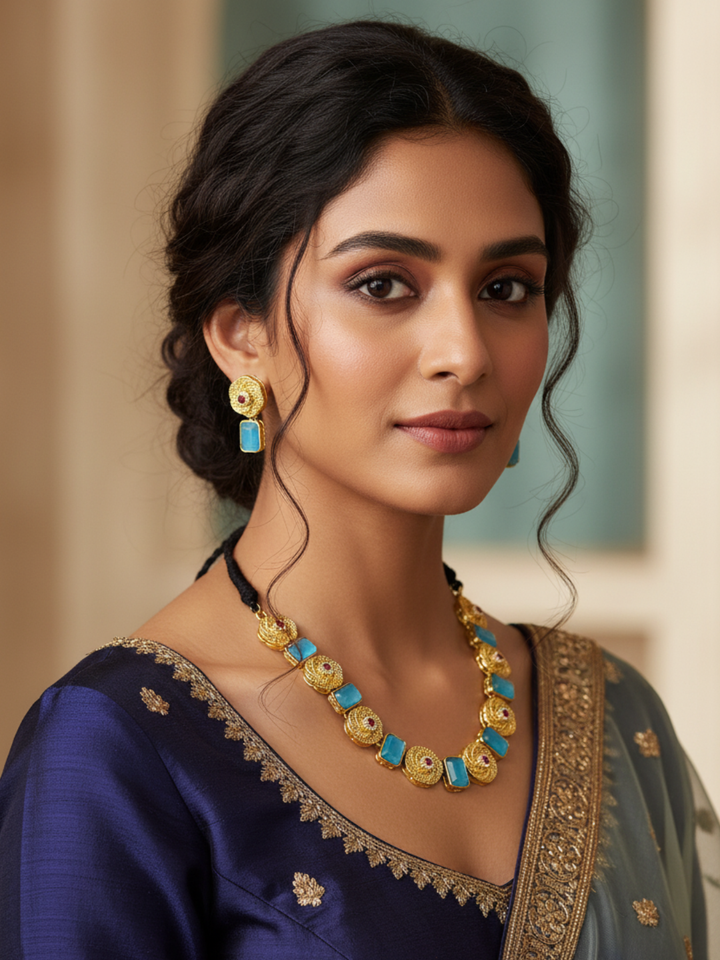 Stunning Antique Gold plated Blue Color Monalisa Stone Color Necklace- Earring Set