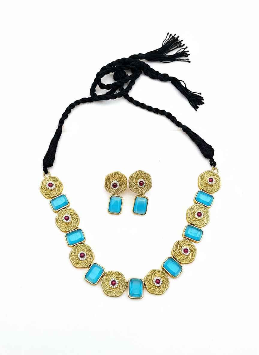 Stunning Antique Gold plated Blue Color Monalisa Stone Color Necklace- Earring Set