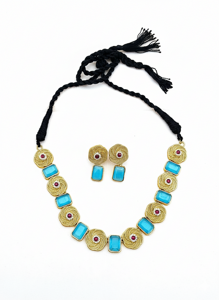 Stunning Antique Gold plated Blue Color Monalisa Stone Color Necklace- Earring Set