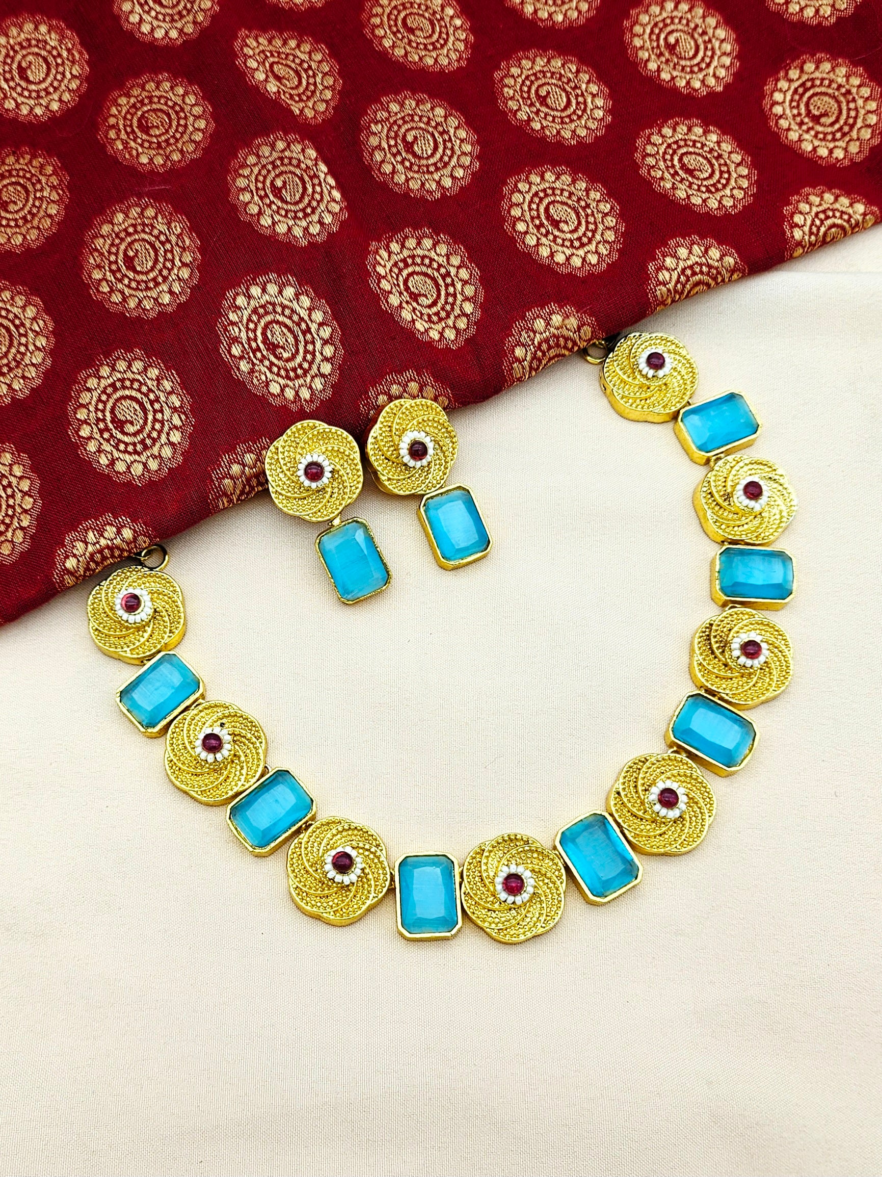 Stunning Antique Gold plated Blue Color Monalisa Stone Color Necklace- Earring Set