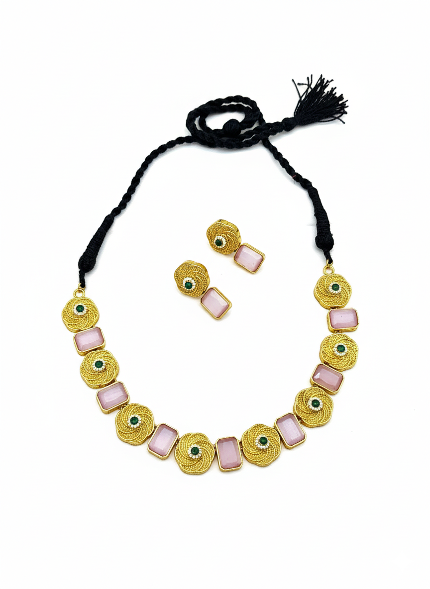 Elegant pink Monalisa stone jewelry set, antique gold plated necklace and earrings isolated on white background