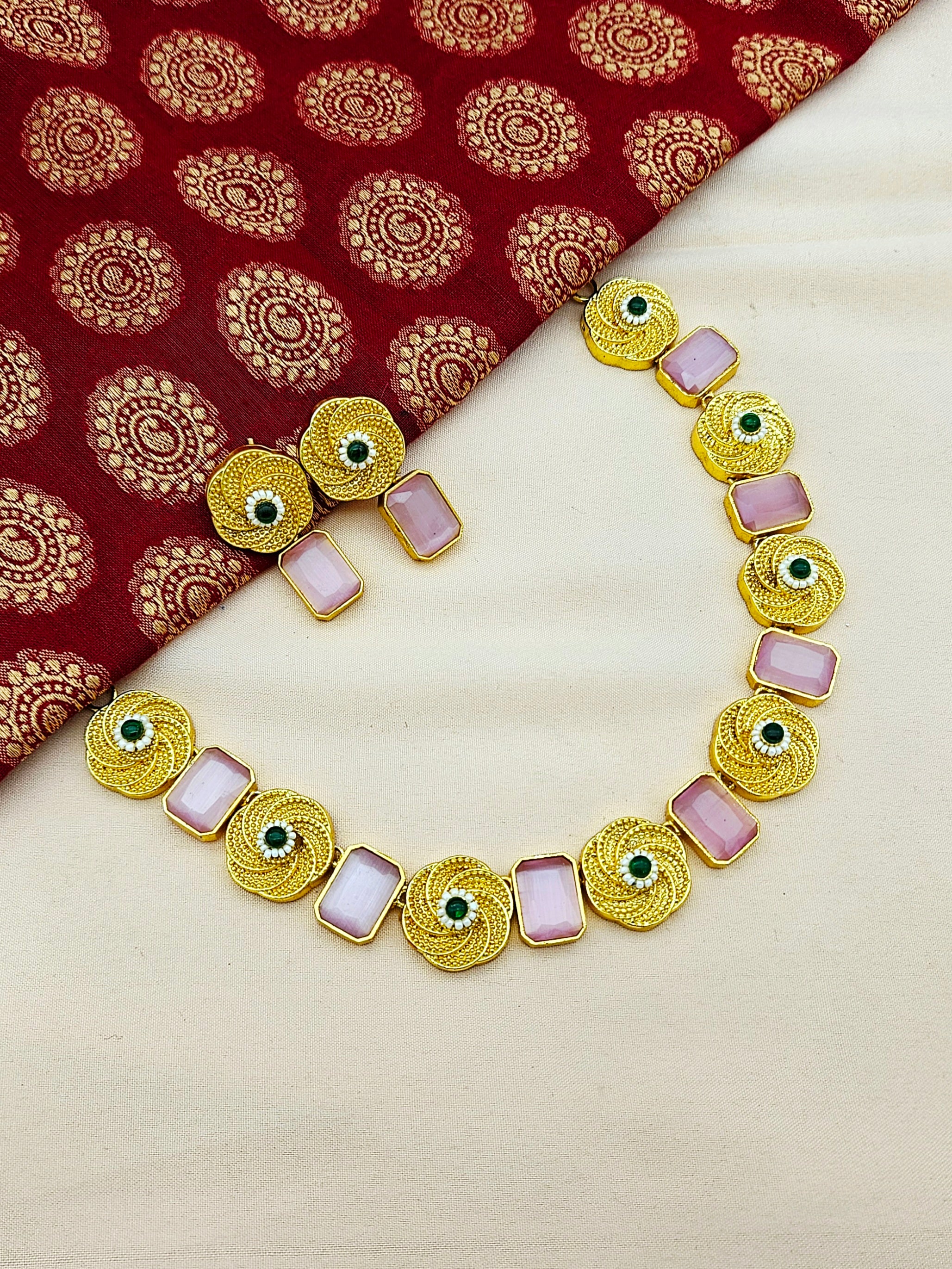 Stunning Antique Gold plated necklace and matching earrings set featuring pink Monalisa stones, perfect for festive and traditional occasions