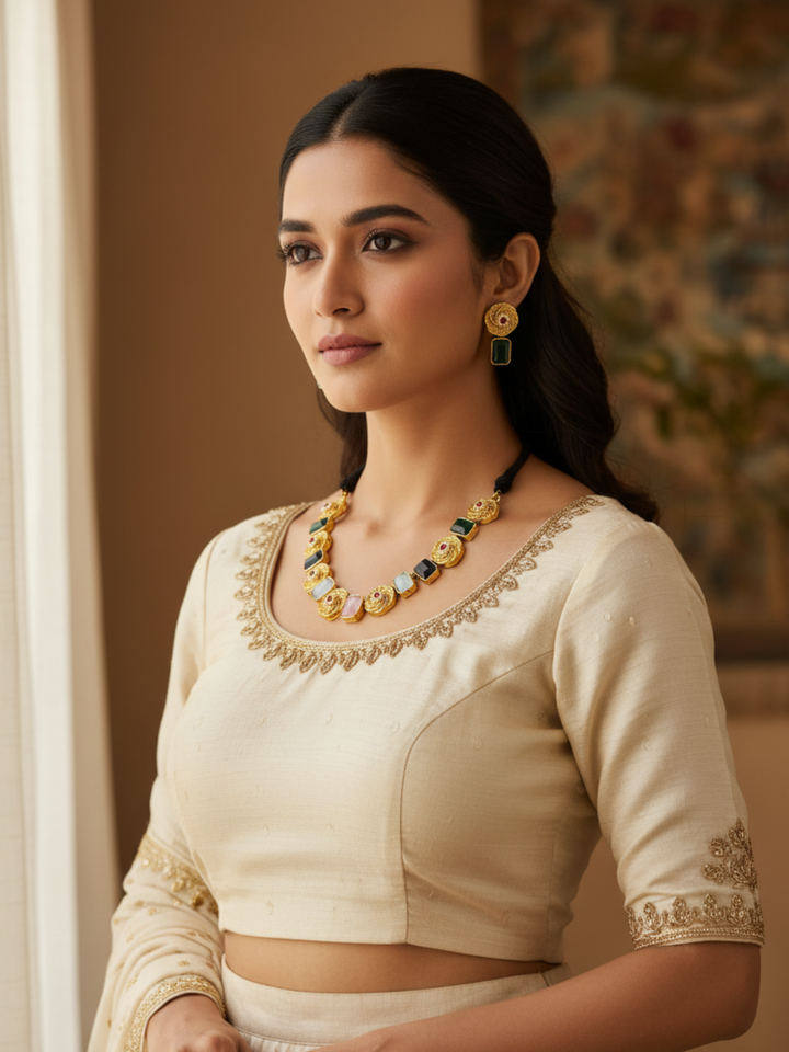 Stunning Antique Gold plated Pink-Green-Off white Color Monalisa Stone Necklace- Earring Set