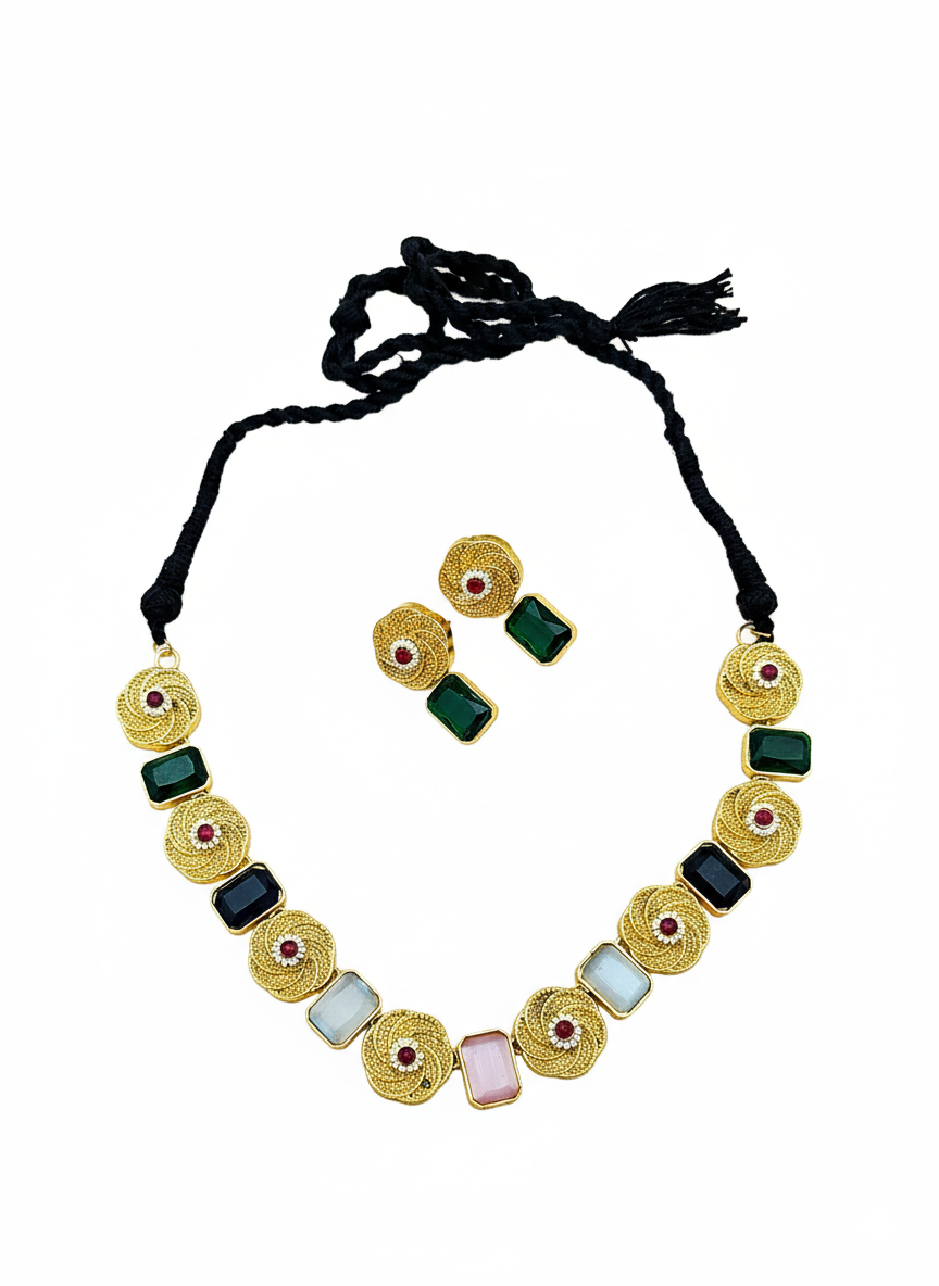 Stunning Antique Gold plated Pink-Green-Off white Color Monalisa Stone Necklace- Earring Set