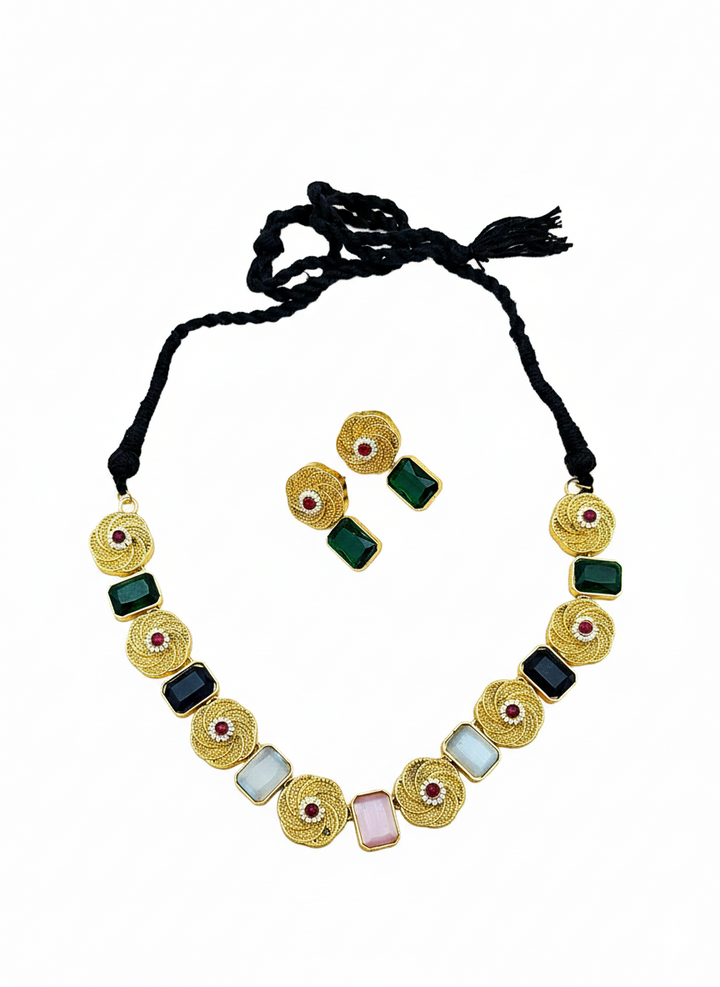 Stunning Antique Gold plated Pink-Green-Off white Color Monalisa Stone Necklace- Earring Set
