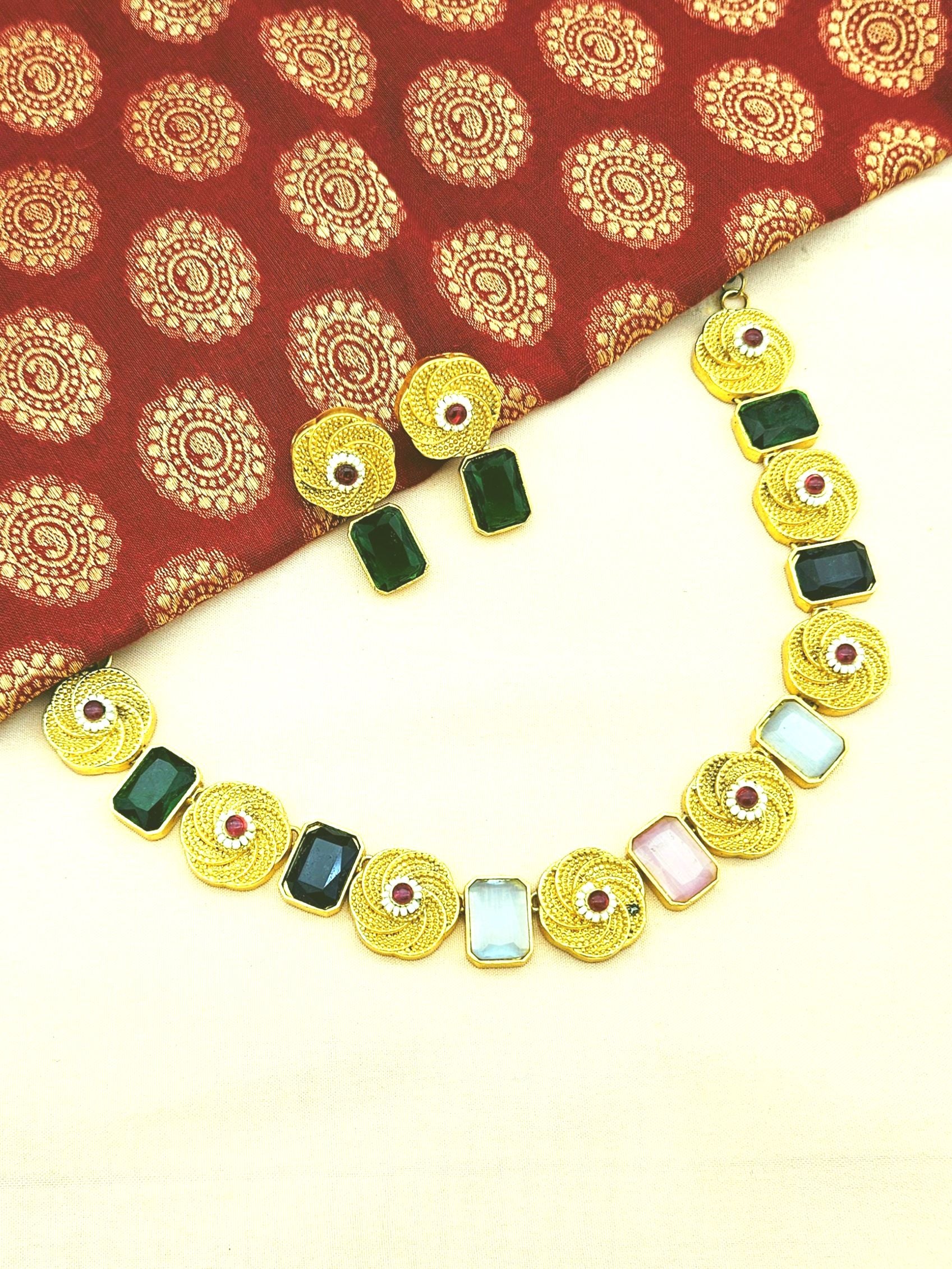 Stunning Antique Gold plated Pink-Green-Off white Color Monalisa Stone Necklace- Earring Set