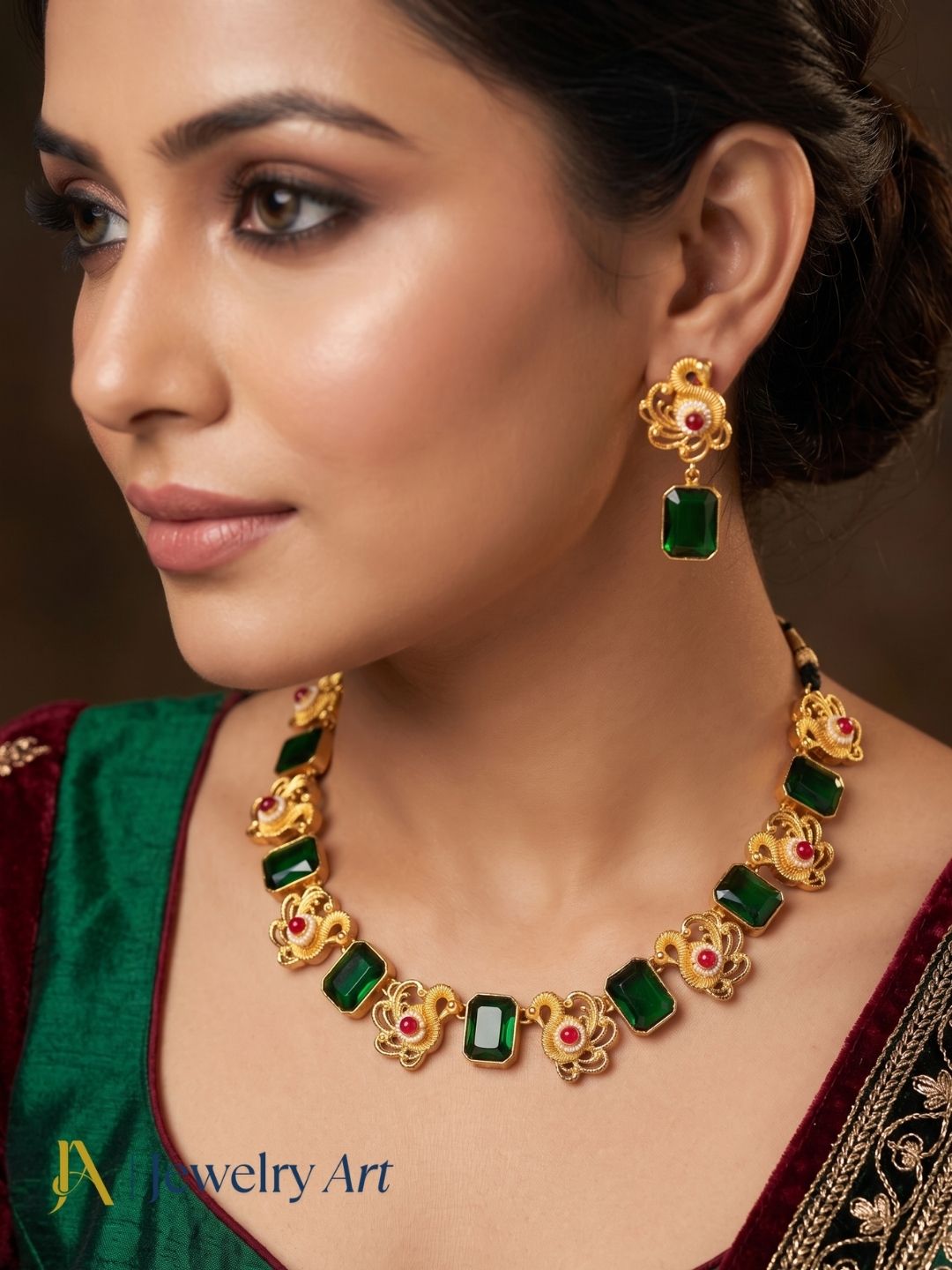 Stylish antique gold plated ethnic jewelry set with green glass stones and red glass bead embellishments
