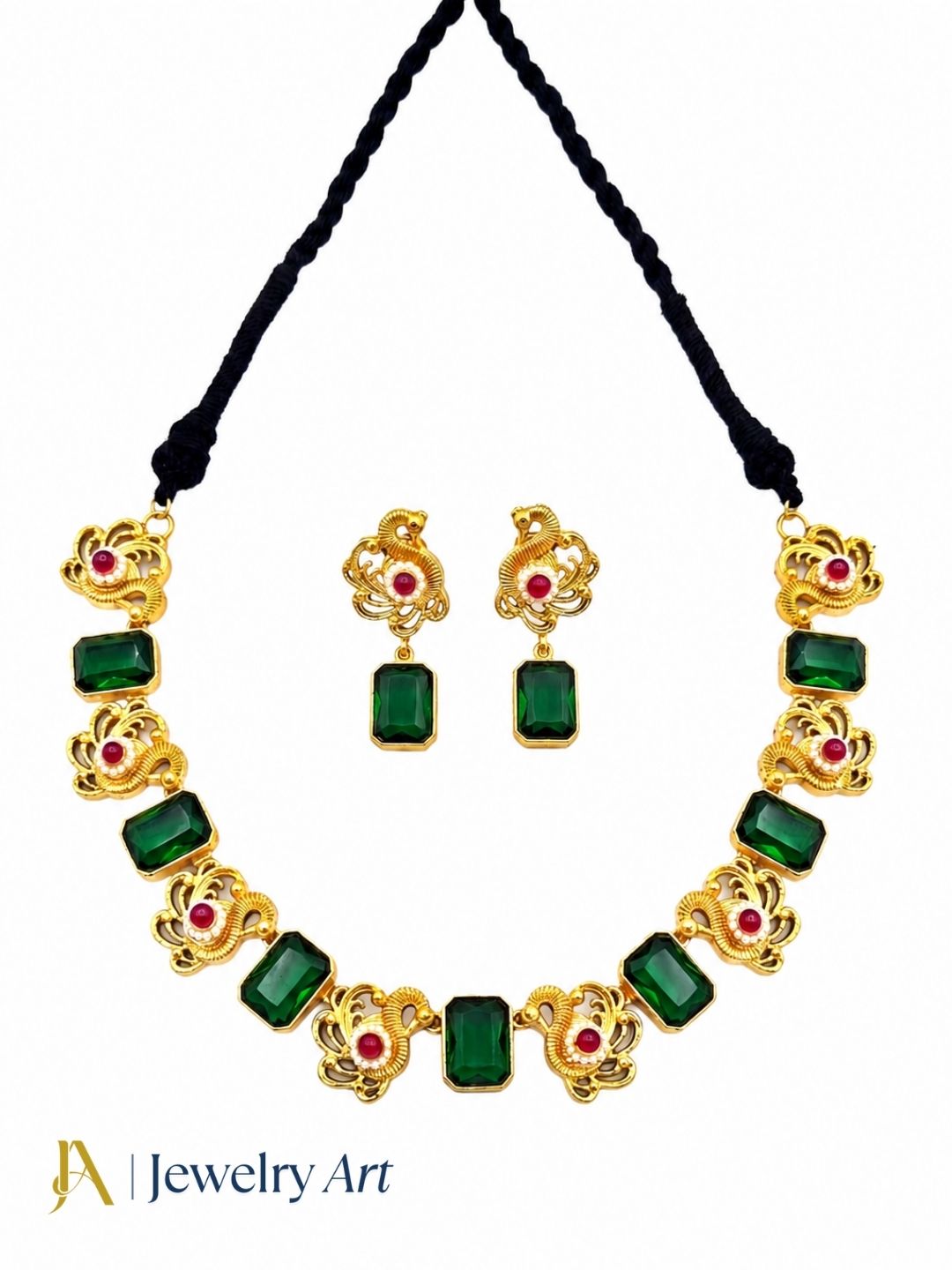 Stylish antique gold plated ethnic jewelry set with green glass stones and red glass bead embellishments
