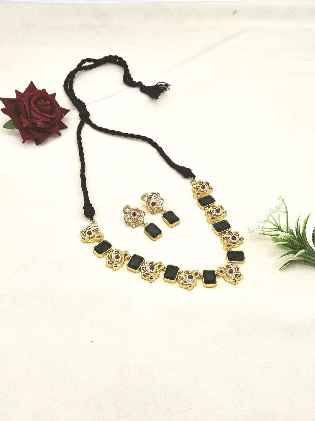 Awesome Antique Gold plated Green Glass Stone-Red Glass Ball-Pearl Black Cotton Thread Color Necklace- Earring Set