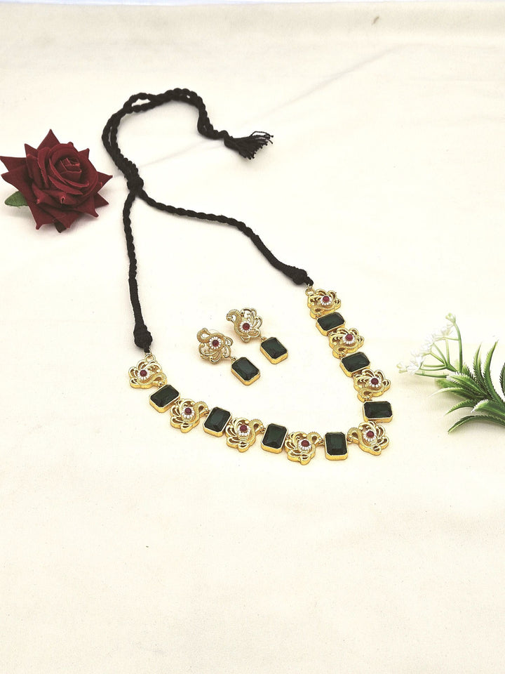 Awesome Antique Gold plated Green Glass Stone-Red Glass Ball-Pearl Black Cotton Thread Color Necklace- Earring Set