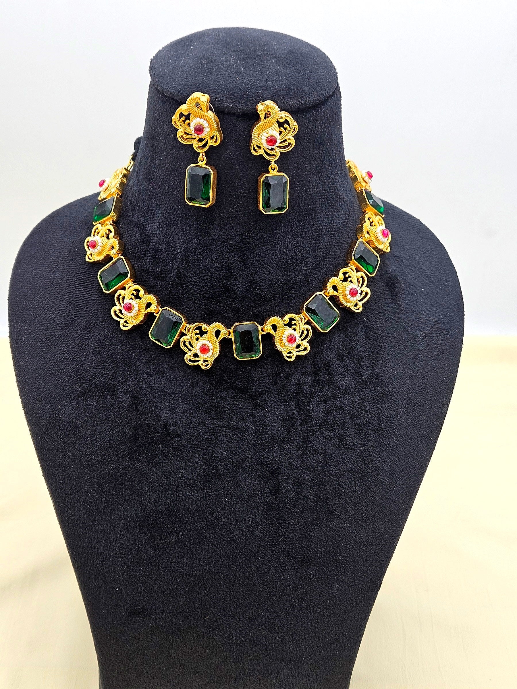 Awesome Antique Gold plated Green Glass Stone-Red Glass Ball-Pearl Black Cotton Thread Color Necklace- Earring Set