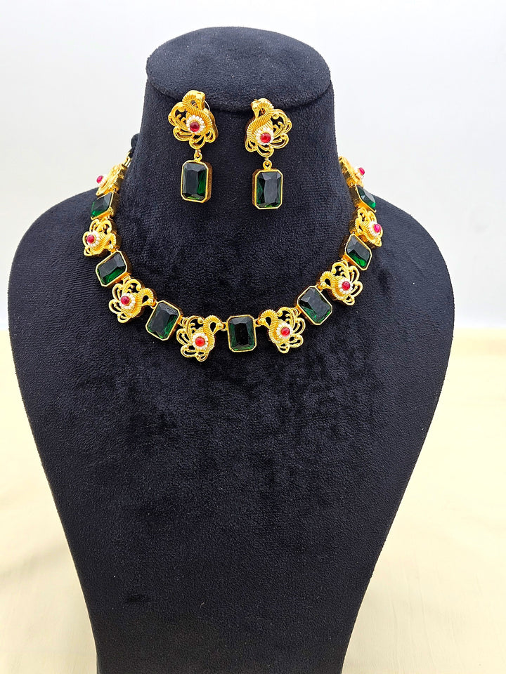 Awesome Antique Gold plated Green Glass Stone-Red Glass Ball-Pearl Black Cotton Thread Color Necklace- Earring Set