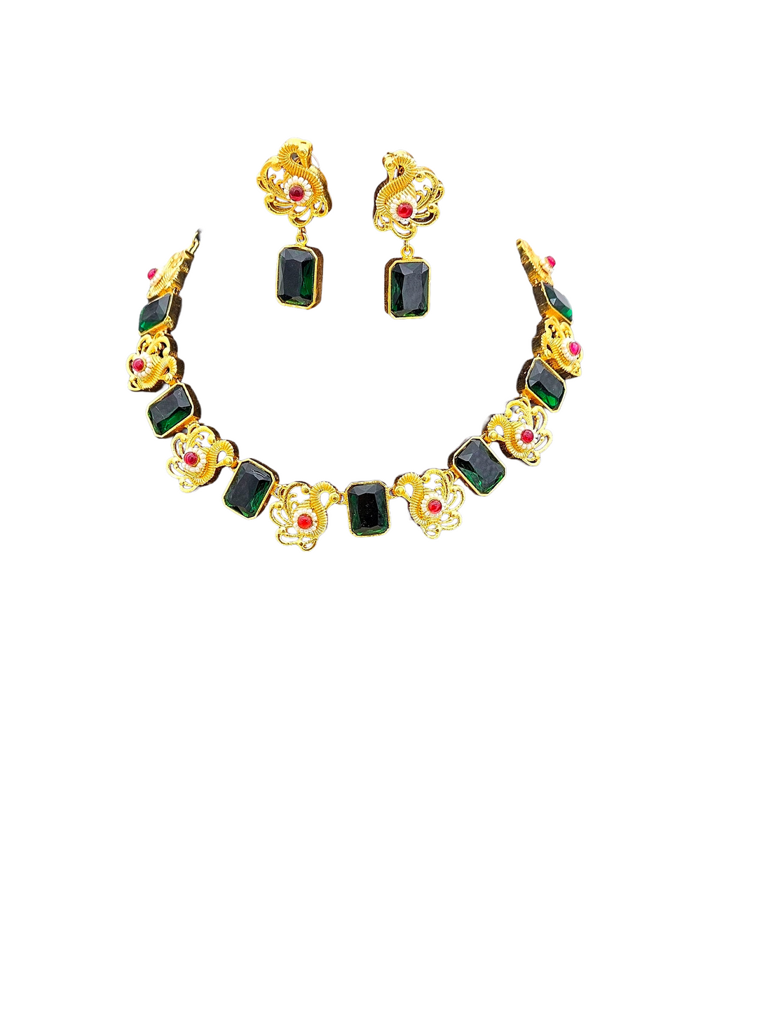 Awesome Antique Gold plated Green Glass Stone-Red Glass Ball-Pearl Black Cotton Thread Color Necklace- Earring Set