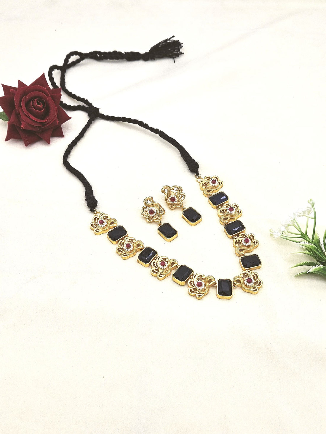 Awesome Antique Gold plated Black Glass Stone-Red Glass Ball-Pearl Black Cotton Thread Color Necklace- Earring Set