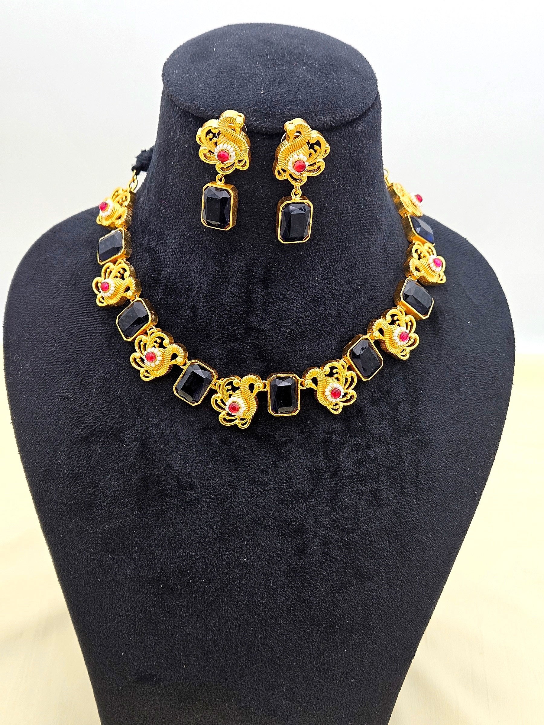 Awesome Antique Gold plated Black Glass Stone-Red Glass Ball-Pearl Black Cotton Thread Color Necklace- Earring Set