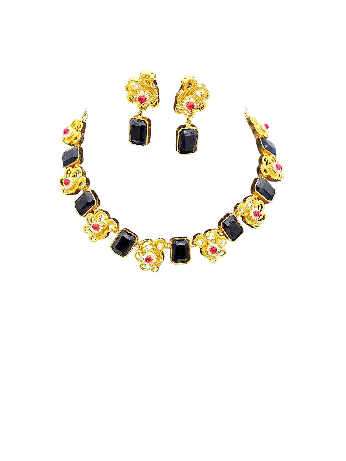 Awesome Antique Gold plated Black Glass Stone-Red Glass Ball-Pearl Black Cotton Thread Color Necklace- Earring Set