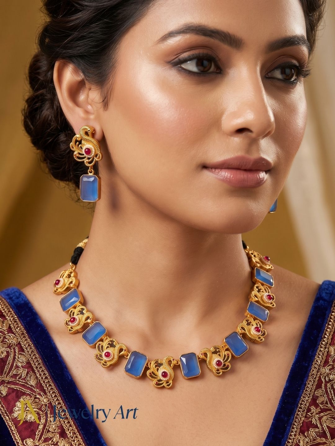 Designer antique gold plated thread necklace set with colorful glass stone craftsmanship
