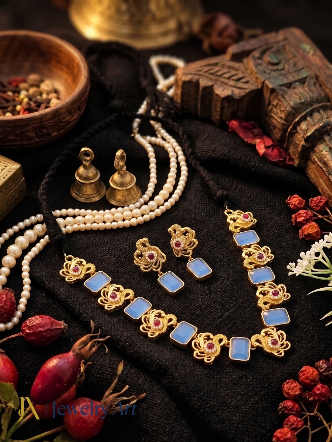 Designer antique gold plated thread necklace set with colorful glass stone craftsmanship
