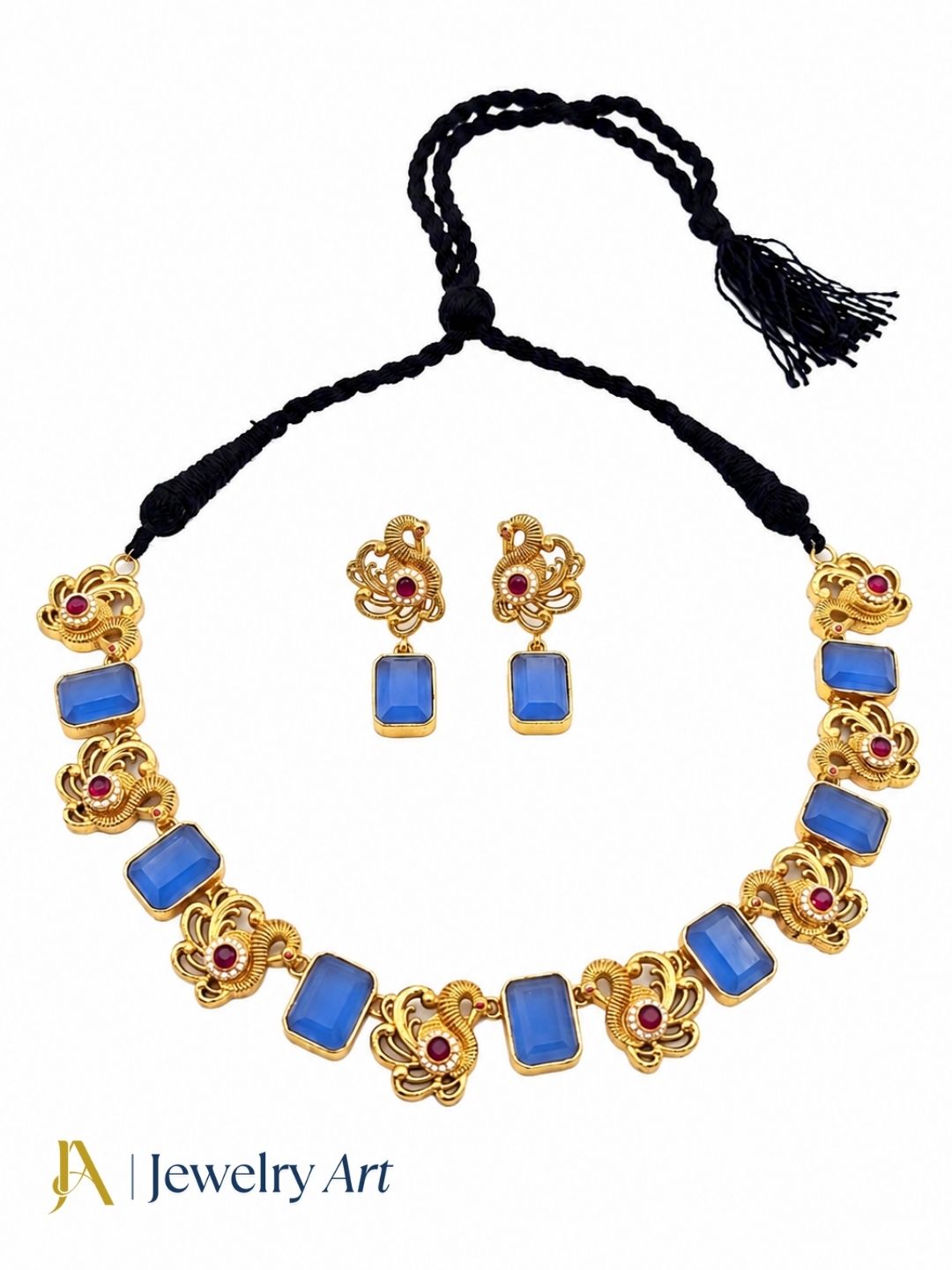 Designer antique gold plated thread necklace set with colorful glass stone craftsmanship
