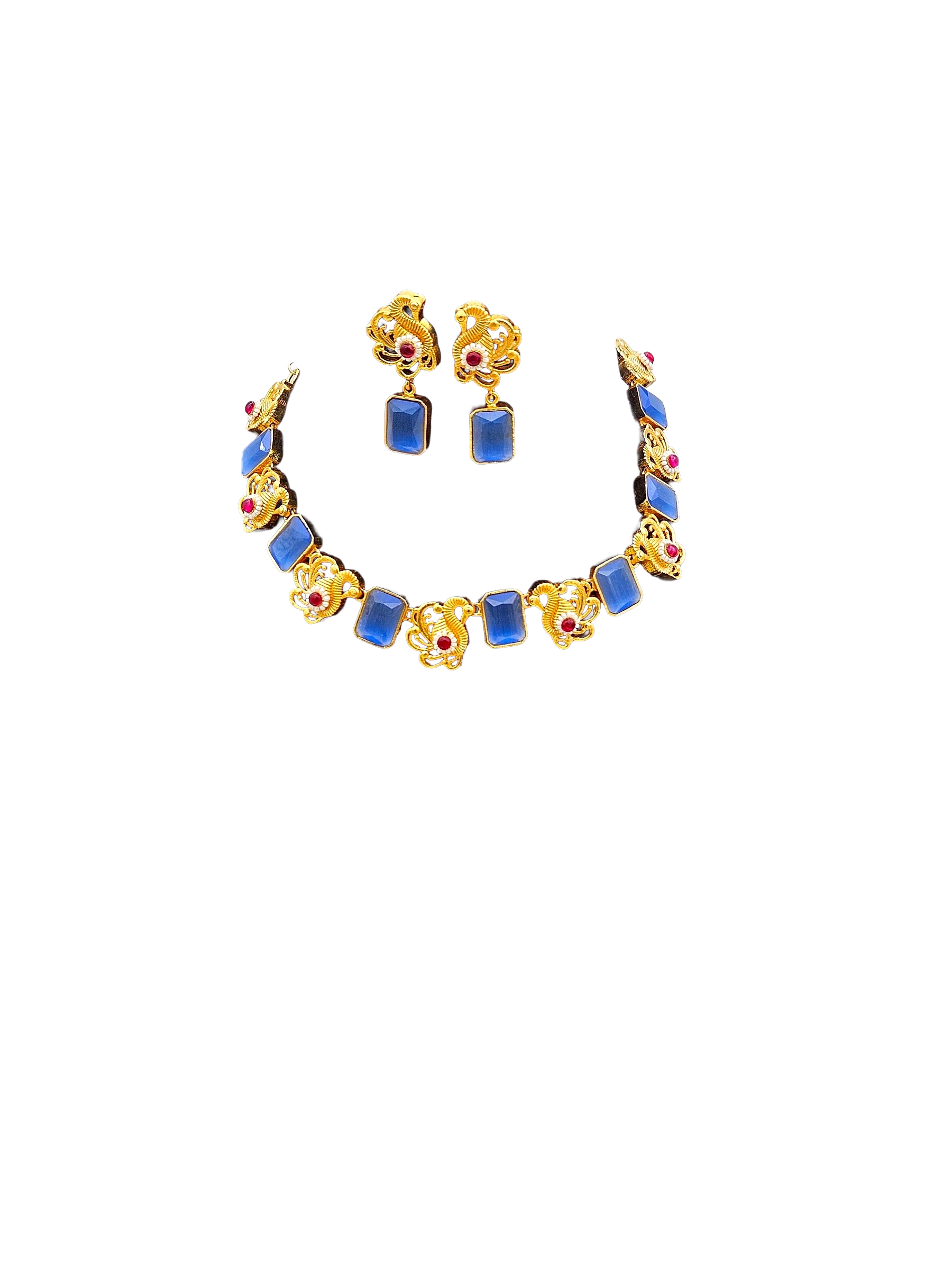 Awesome Antique Gold plated Sky Blue Glass Stone-Red Glass Ball-Pearl Black Cotton Thread Color Necklace- Earring Set