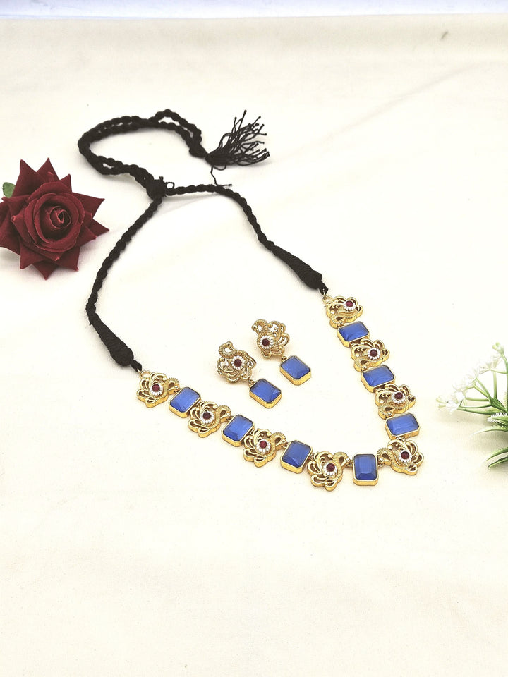 Awesome Antique Gold plated Sky Blue Glass Stone-Red Glass Ball-Pearl Black Cotton Thread Color Necklace- Earring Set