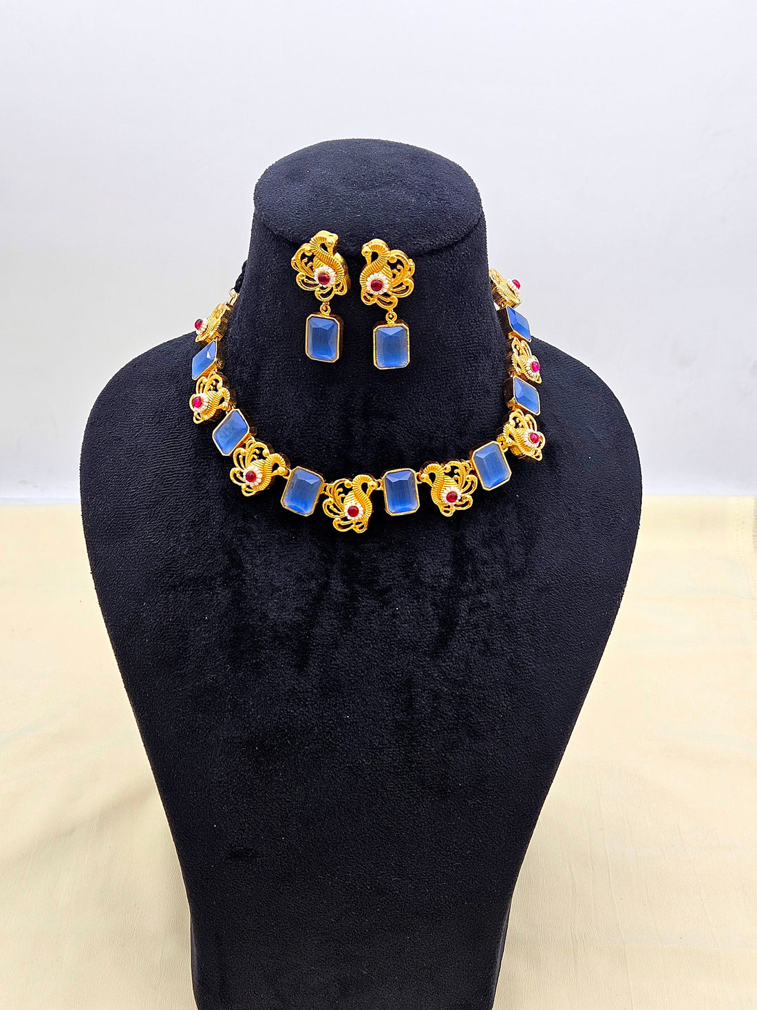 Awesome Antique Gold plated Sky Blue Glass Stone-Red Glass Ball-Pearl Black Cotton Thread Color Necklace- Earring Set