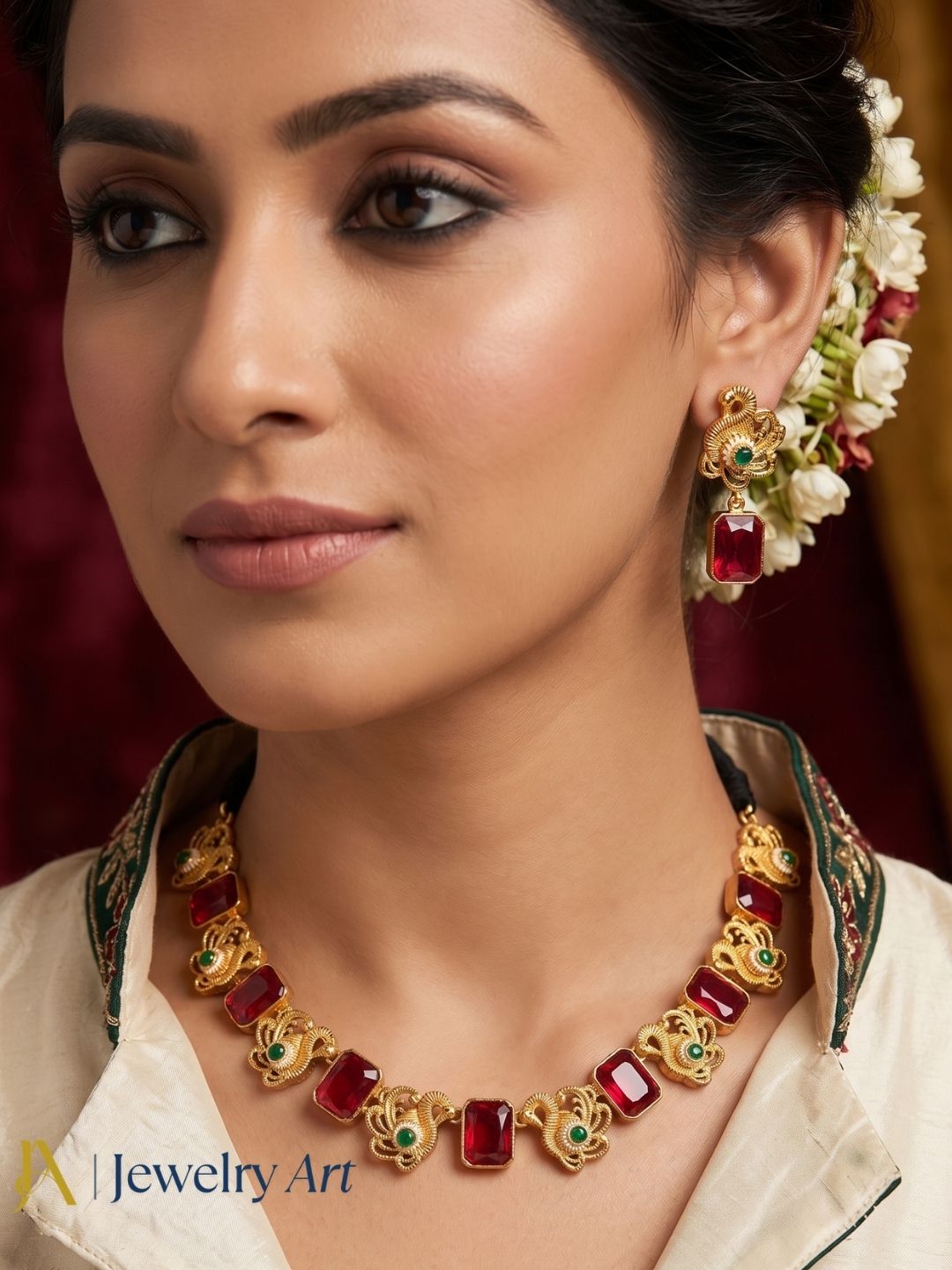Elegant black cotton thread necklace set with red glass stones and matching earrings
