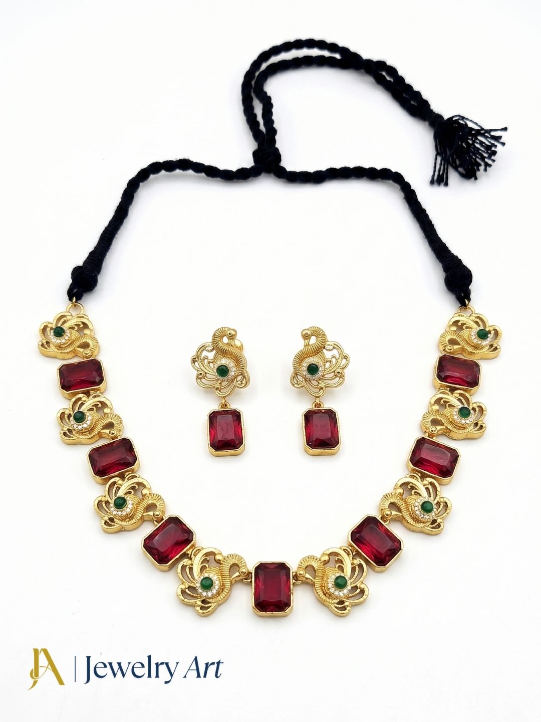 Elegant black cotton thread necklace set with red glass stones and matching earrings
