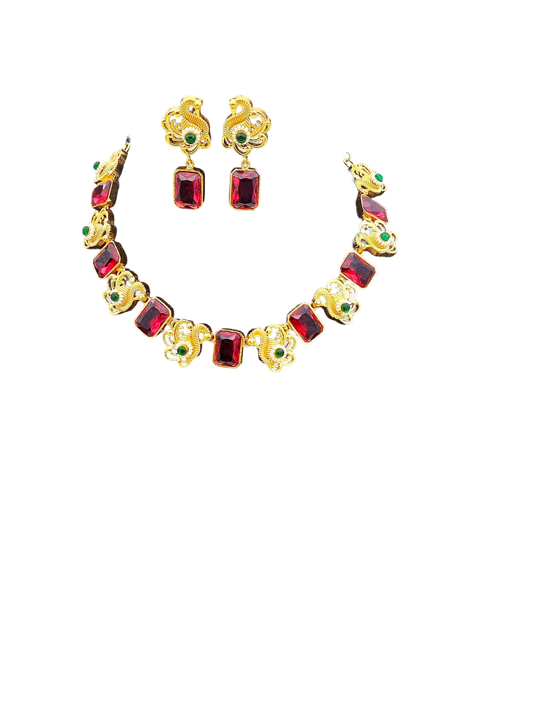Awesome Antique Gold plated Red Glass Stone-Green Glass Ball-Pearl Black Cotton Thread Color Necklace- Earring Set
