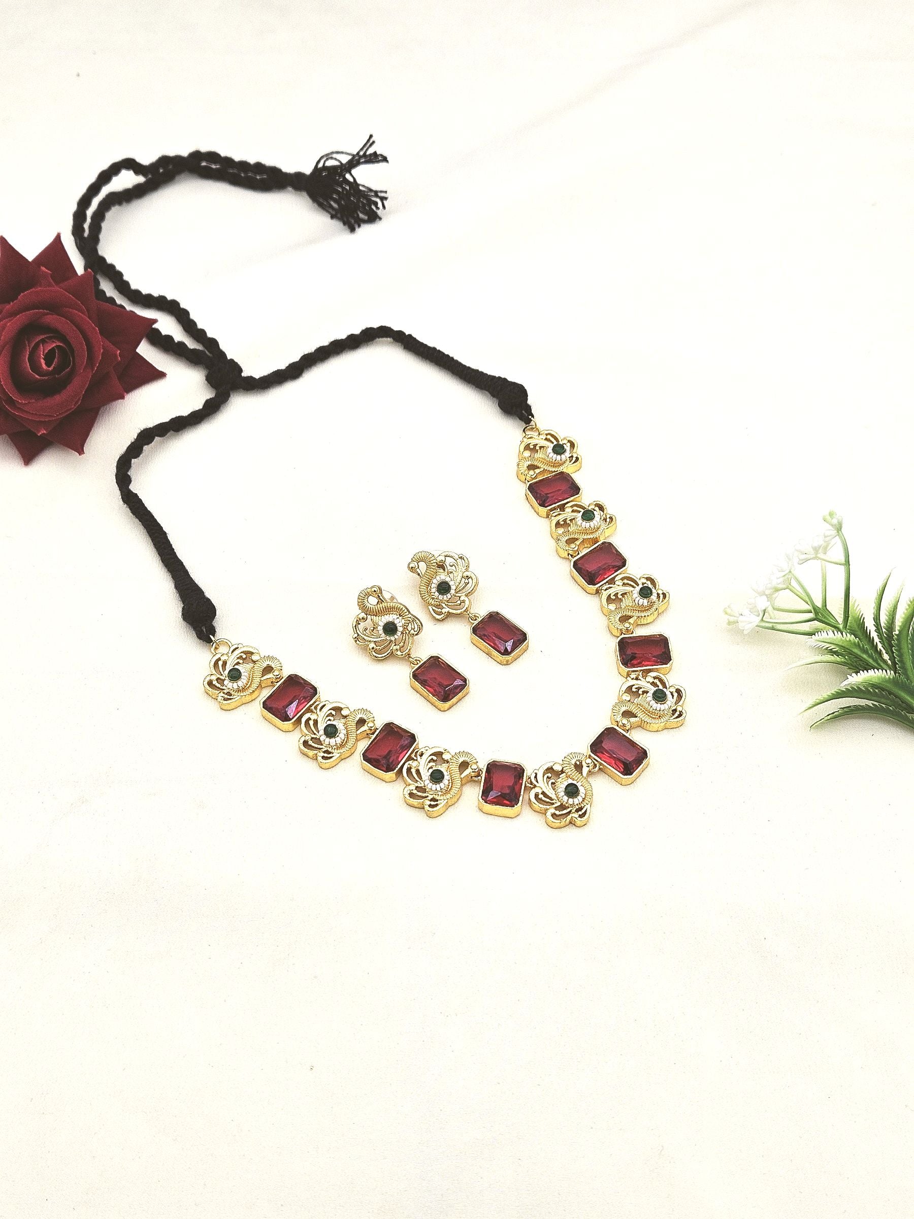 Awesome Antique Gold plated Red Glass Stone-Green Glass Ball-Pearl Black Cotton Thread Color Necklace- Earring Set