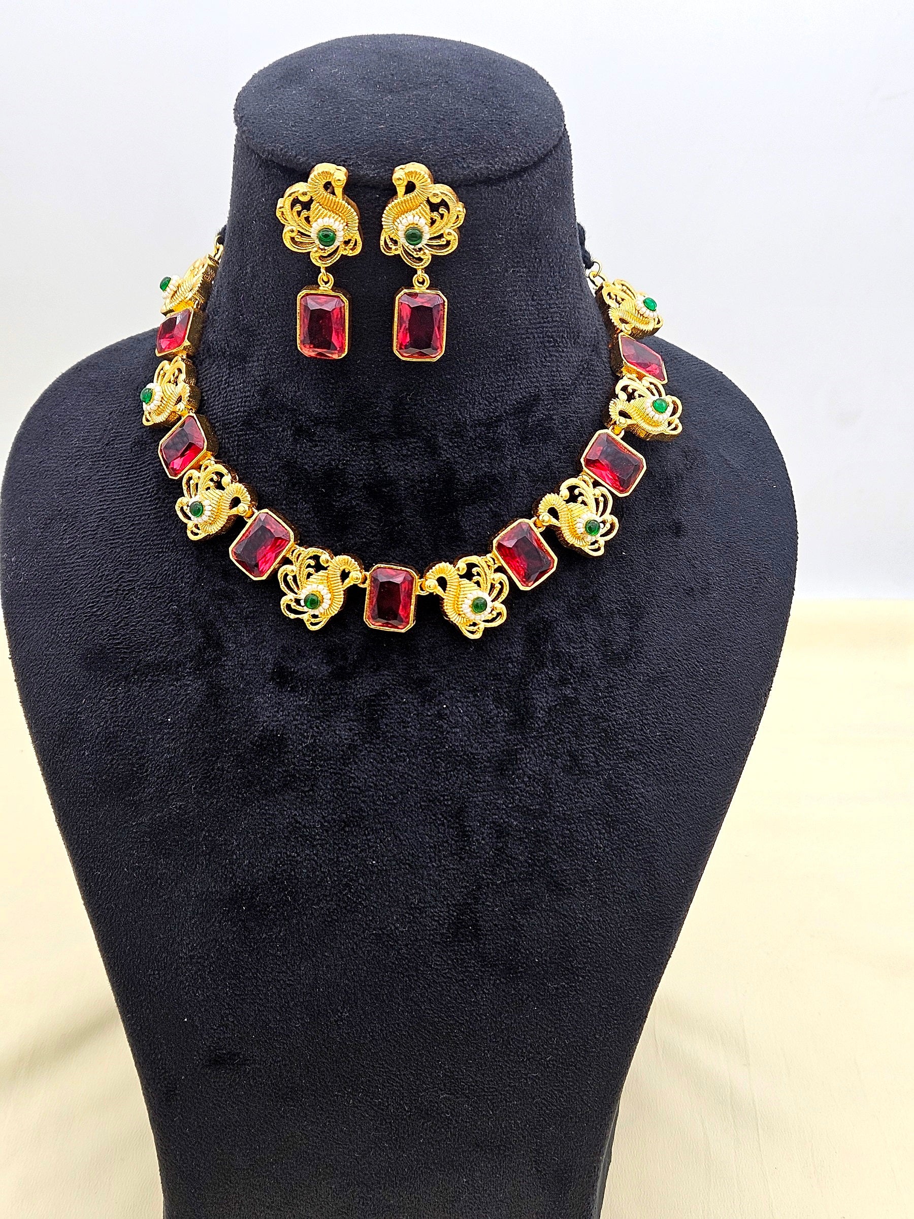 Awesome Antique Gold plated Red Glass Stone-Green Glass Ball-Pearl Black Cotton Thread Color Necklace- Earring Set