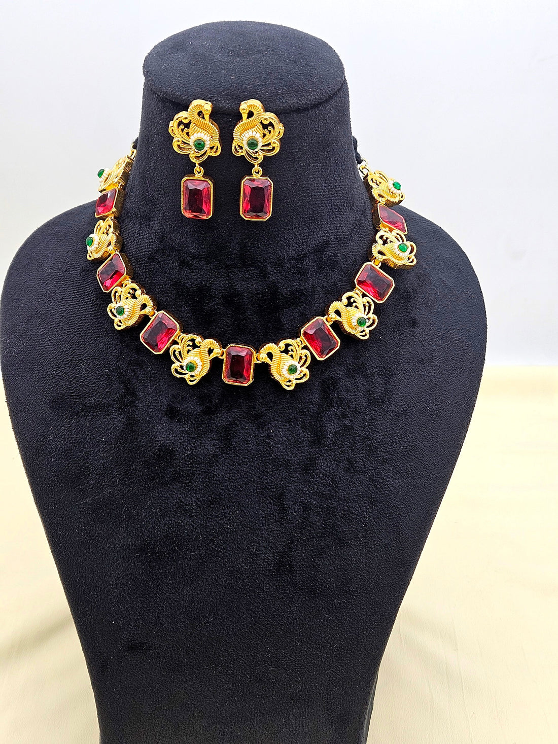 Awesome Antique Gold plated Red Glass Stone-Green Glass Ball-Pearl Black Cotton Thread Color Necklace- Earring Set