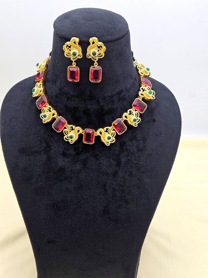 Awesome Antique Gold plated Red Glass Stone-Green Glass Ball-Pearl Black Cotton Thread Color Necklace- Earring Set