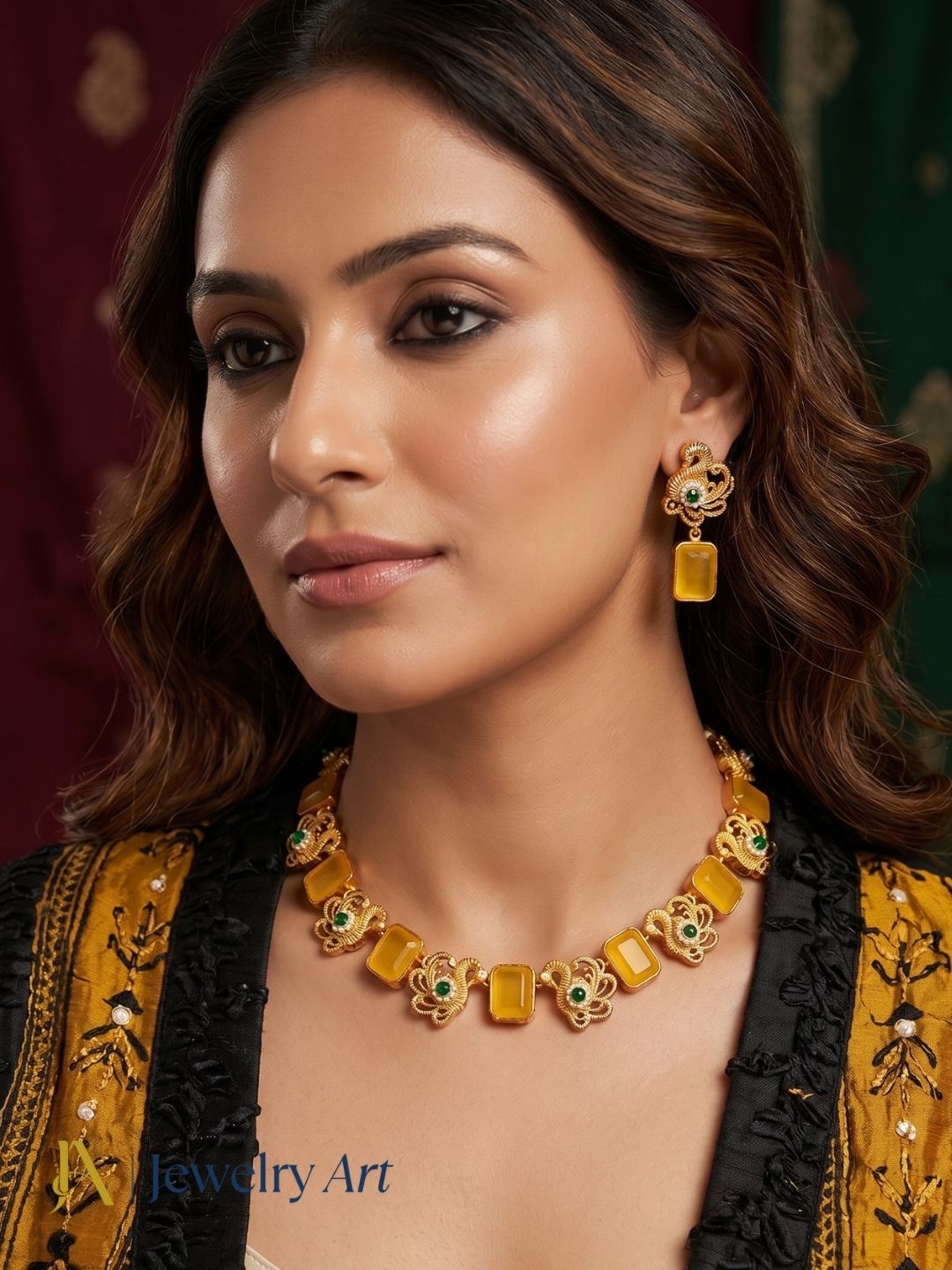 Premium handcrafted necklace earrings set with yellow glass stones 
