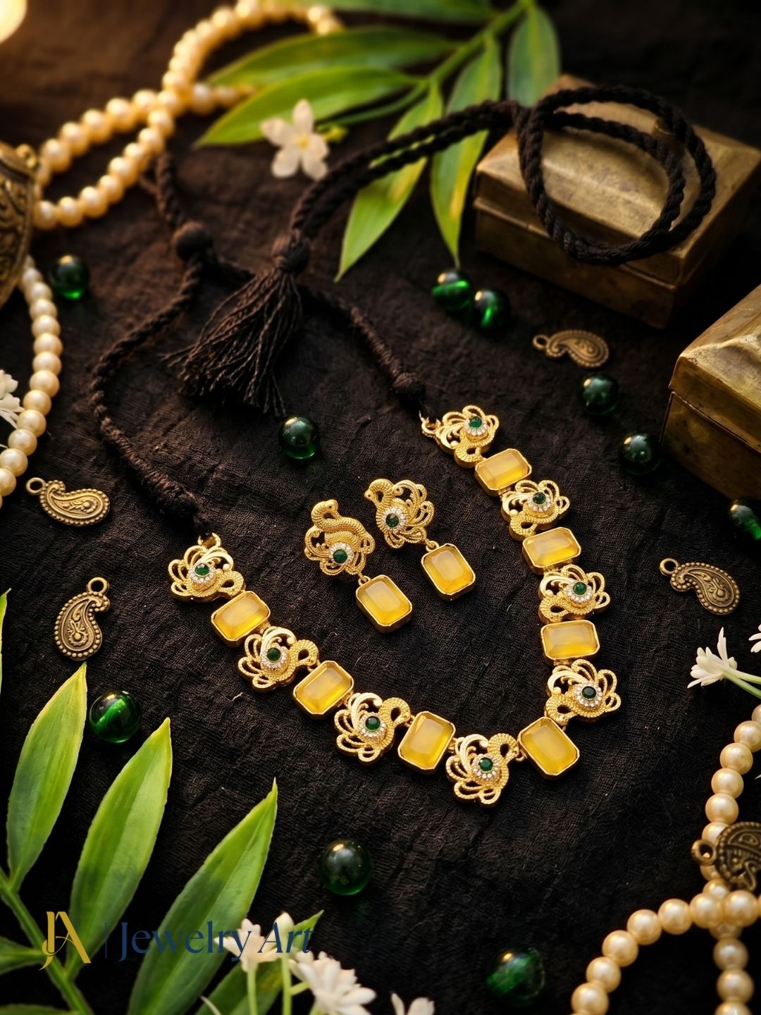 Premium handcrafted necklace earrings set with yellow glass stones 
