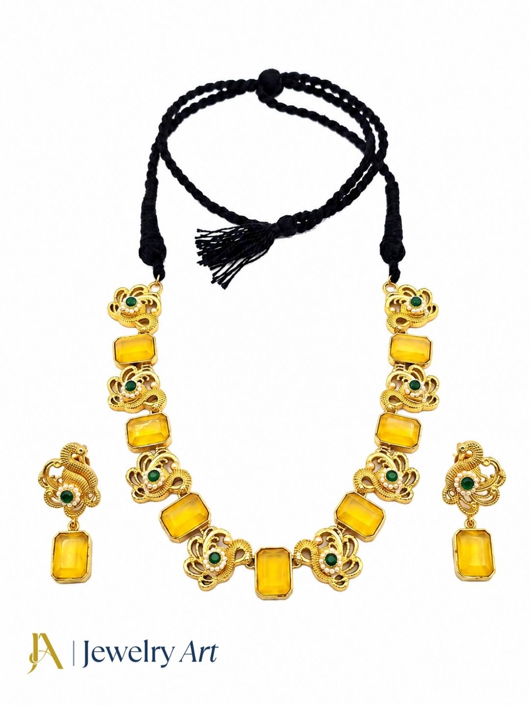 Premium handcrafted necklace earrings set with yellow glass stones 
