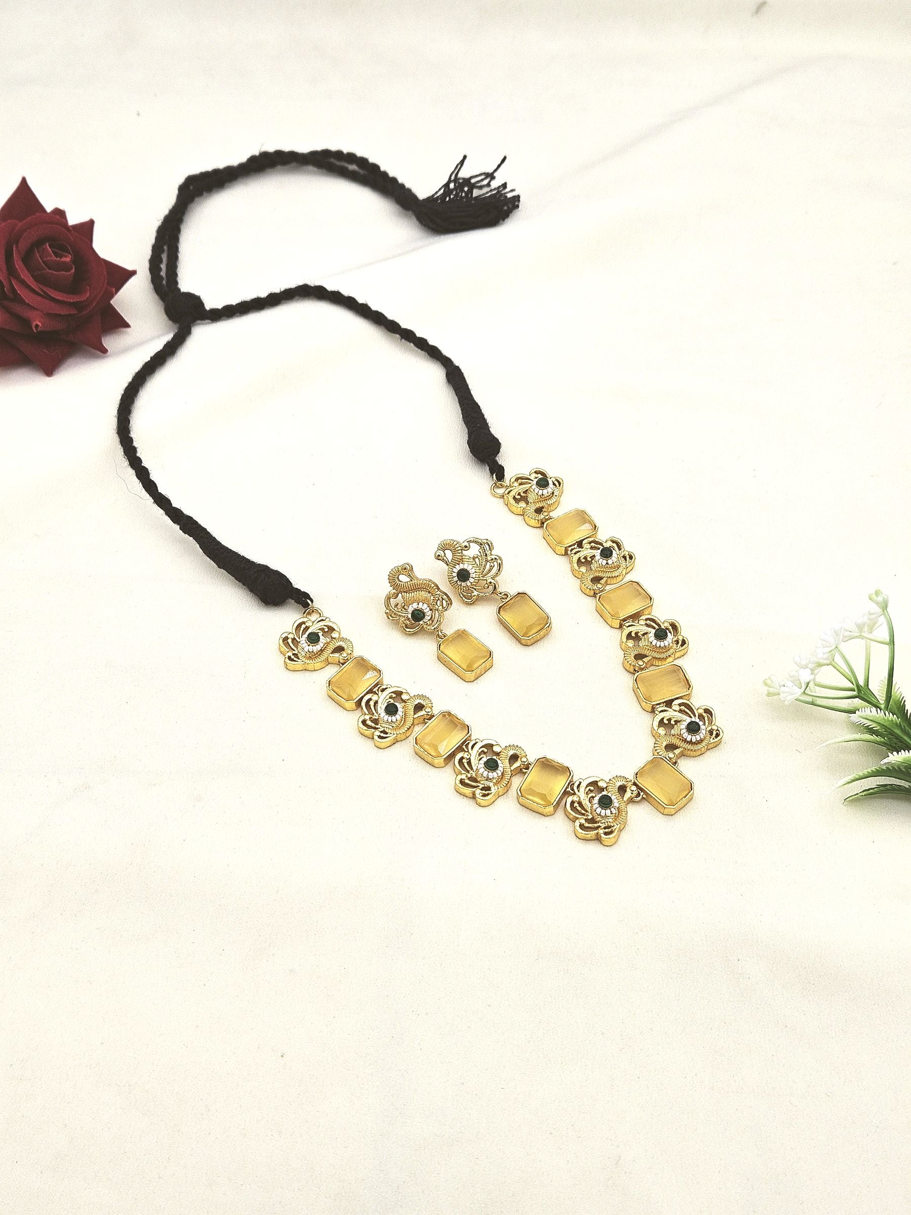 Awesome Antique Gold plated Yellow Glass Stone-Green Glass Ball-Pearl Black Cotton Thread Color Necklace- Earring Set