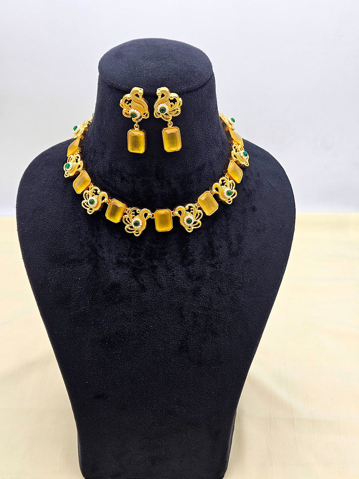 Awesome Antique Gold plated Yellow Glass Stone-Green Glass Ball-Pearl Black Cotton Thread Color Necklace- Earring Set