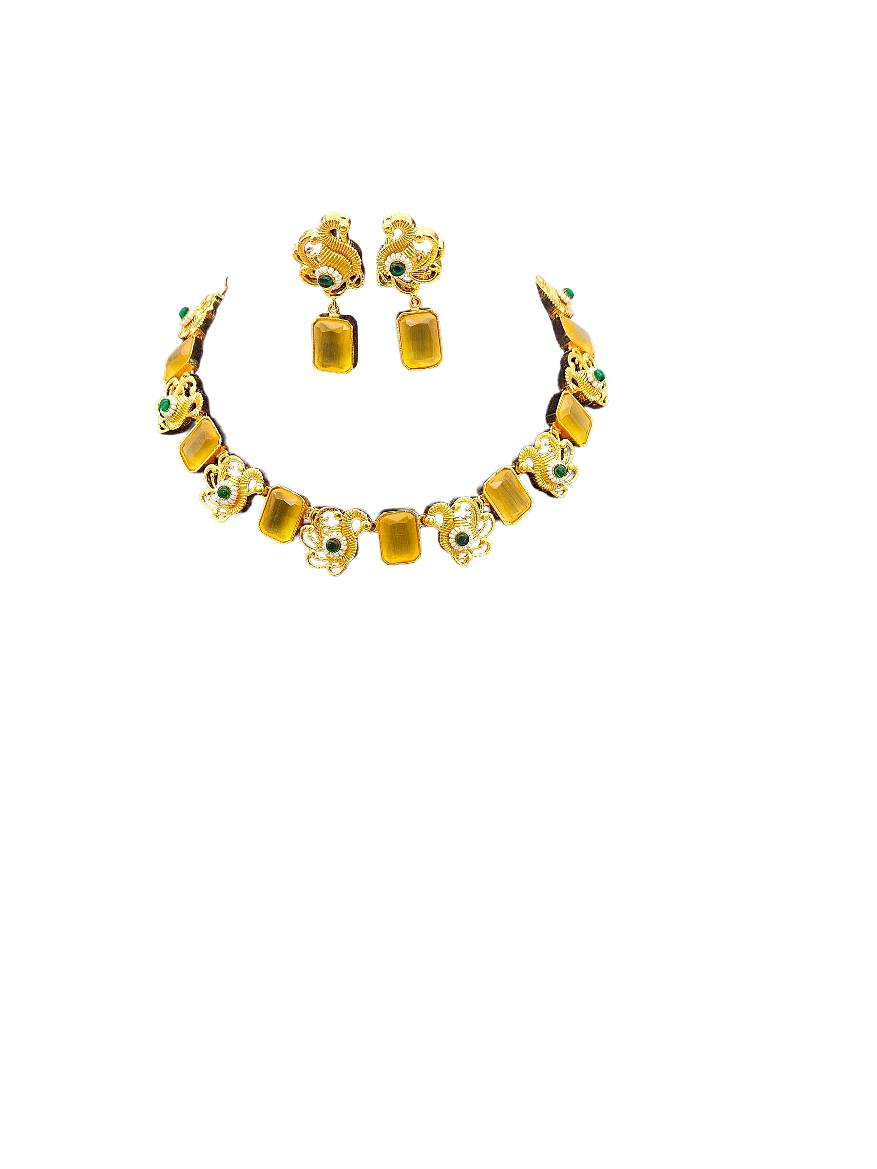 Awesome Antique Gold plated Yellow Glass Stone-Green Glass Ball-Pearl Black Cotton Thread Color Necklace- Earring Set