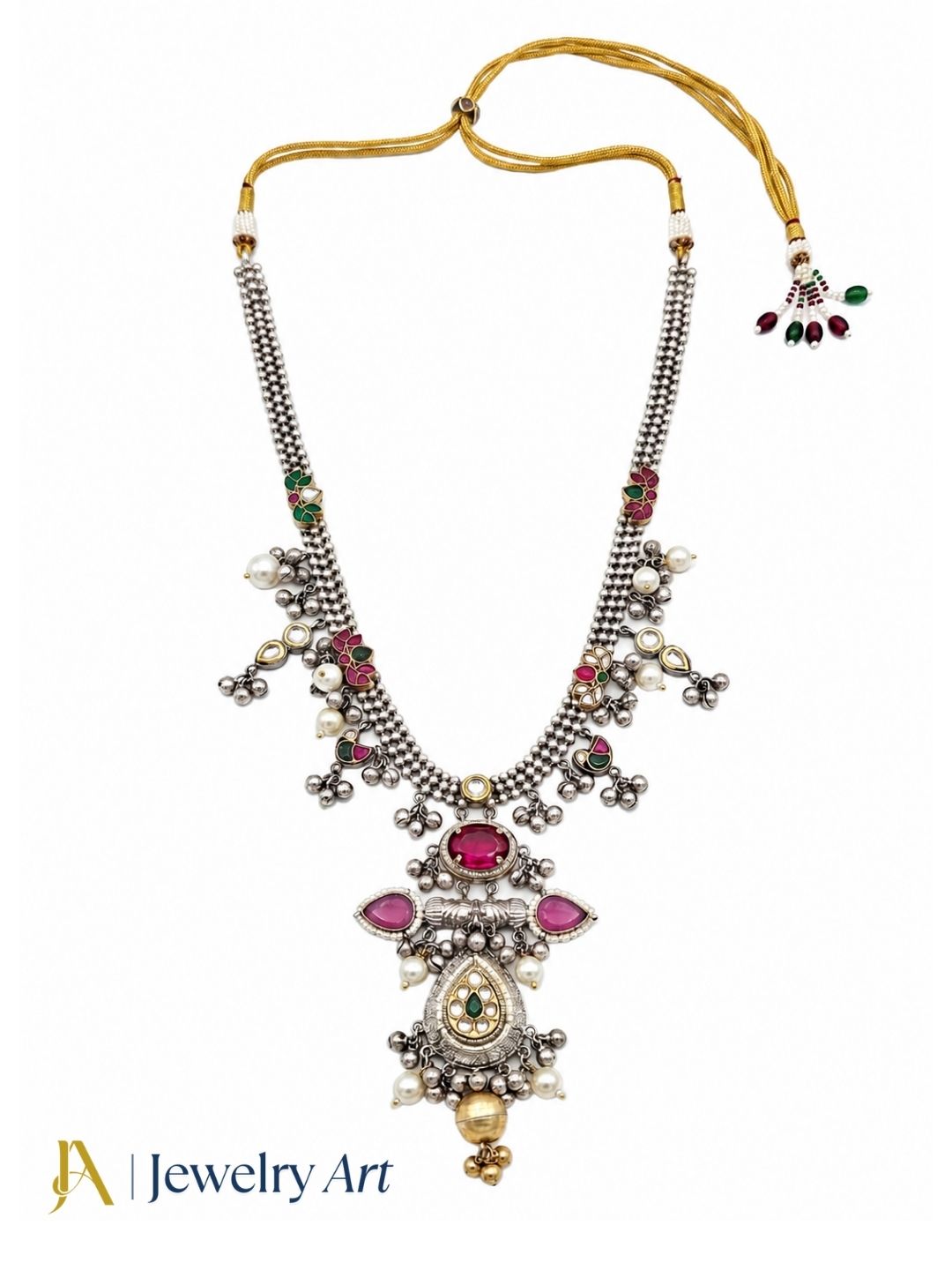 Luxury silver oxidized long necklace with faux kundan polky, red glass stones, pink Monalisa stones, and pearl detailing
