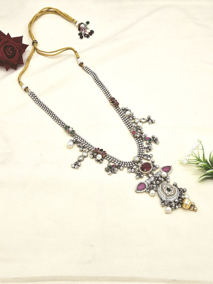 Attractive Silver Oxidized Faux Kundan Polky Red Glass & Pink Monalisa Stone with Designer Motif-Pearl Long Statement Necklace