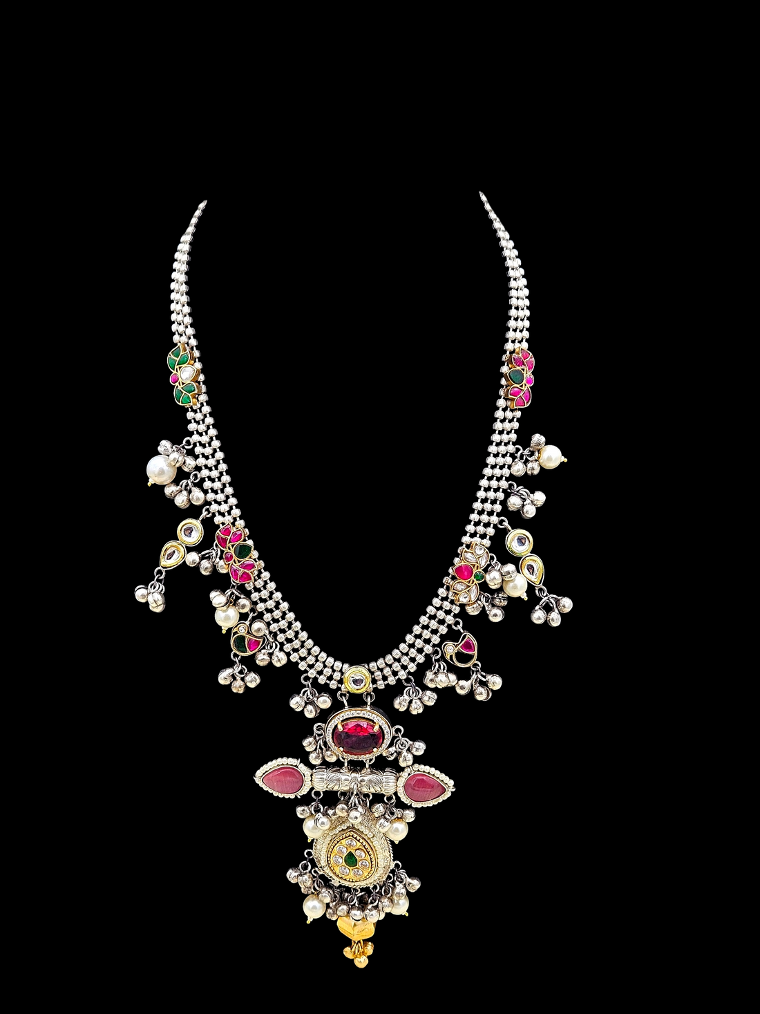 Attractive Silver Oxidized Faux Kundan Polky Red Glass & Pink Monalisa Stone with Designer Motif-Pearl Long Statement Necklace