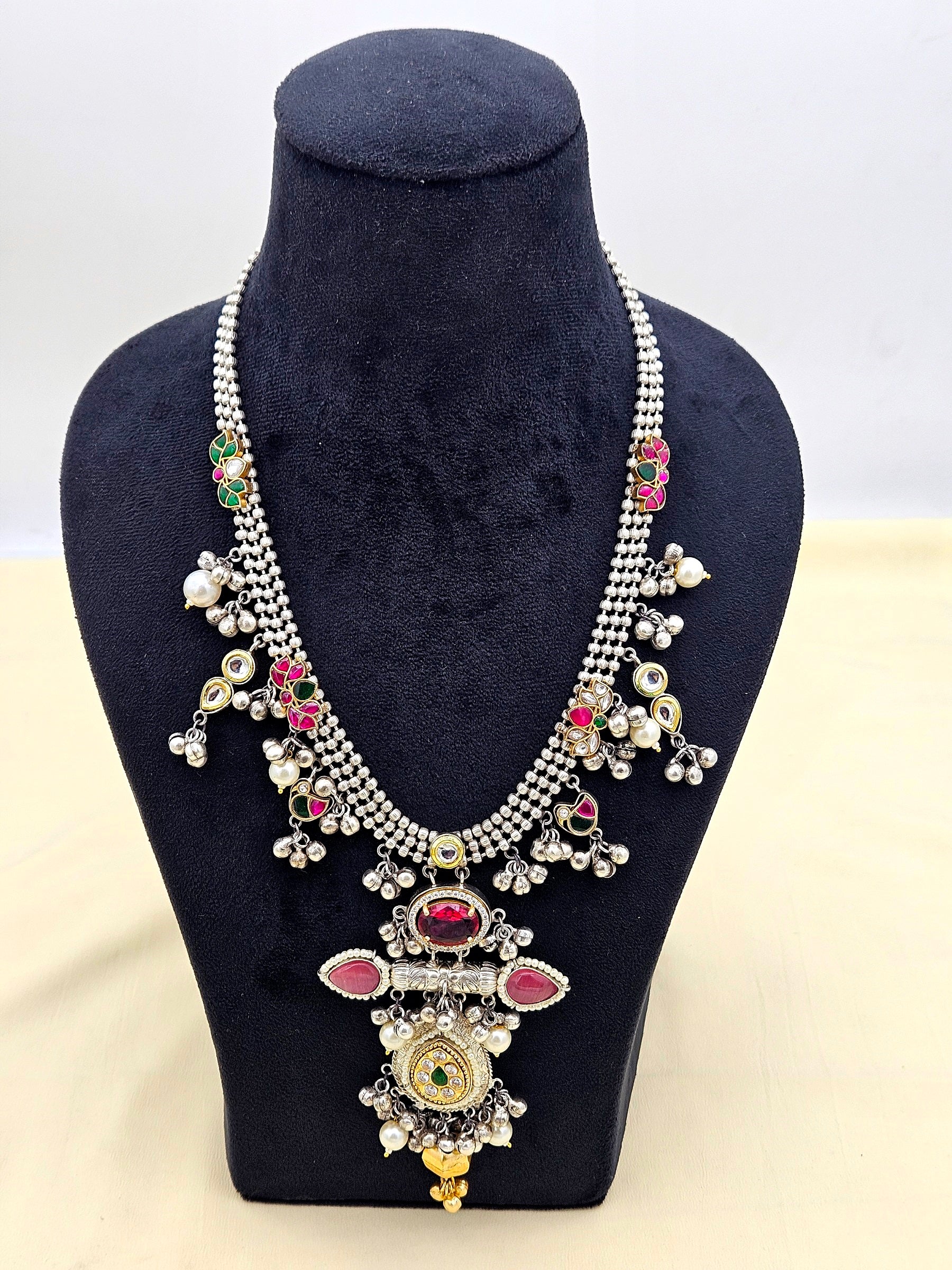 Attractive Silver Oxidized Faux Kundan Polky Red Glass & Pink Monalisa Stone with Designer Motif-Pearl Long Statement Necklace