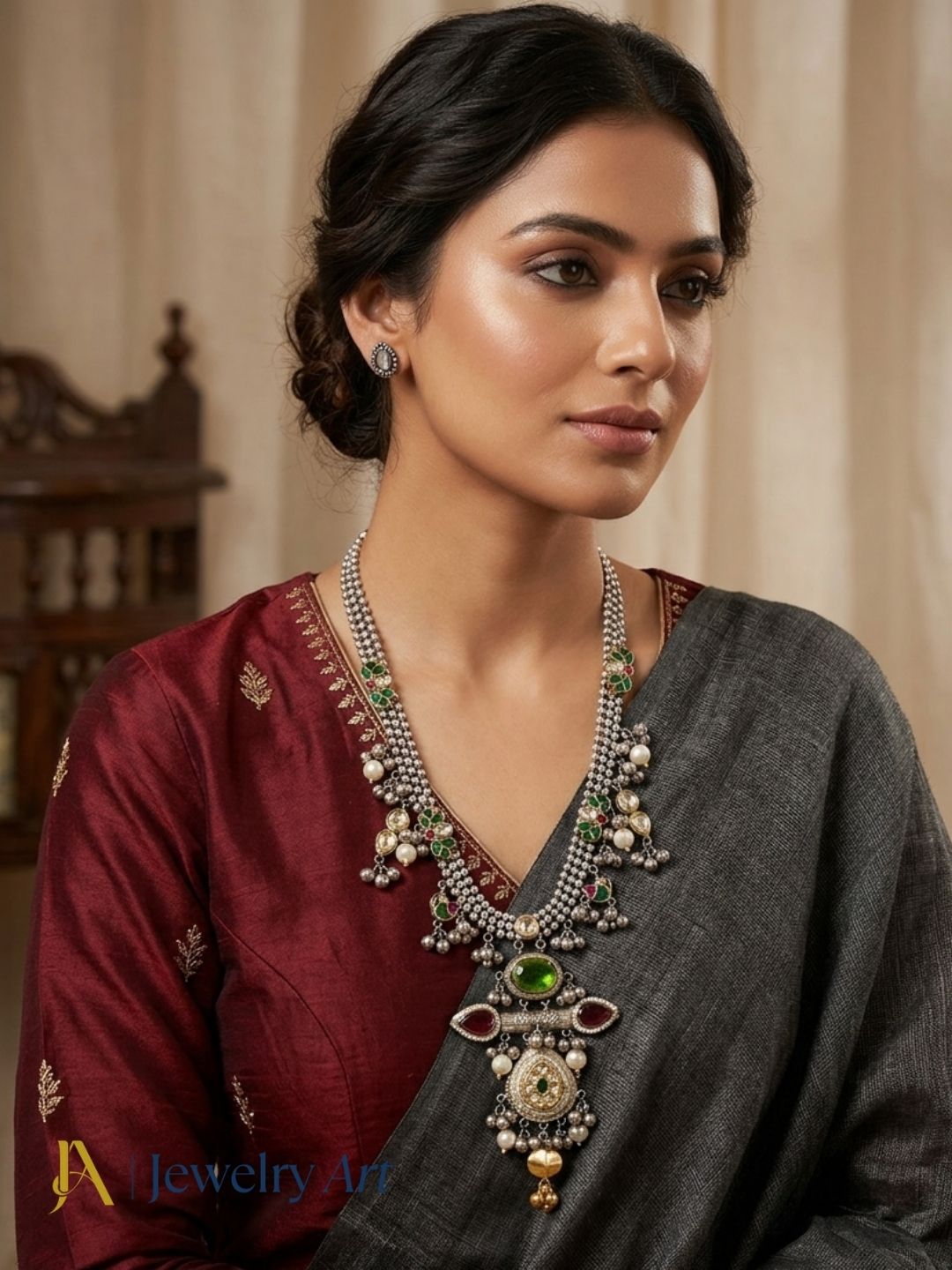Designer oxidized long necklace with faux kundan polky craftsmanship and intricate motif detailing
