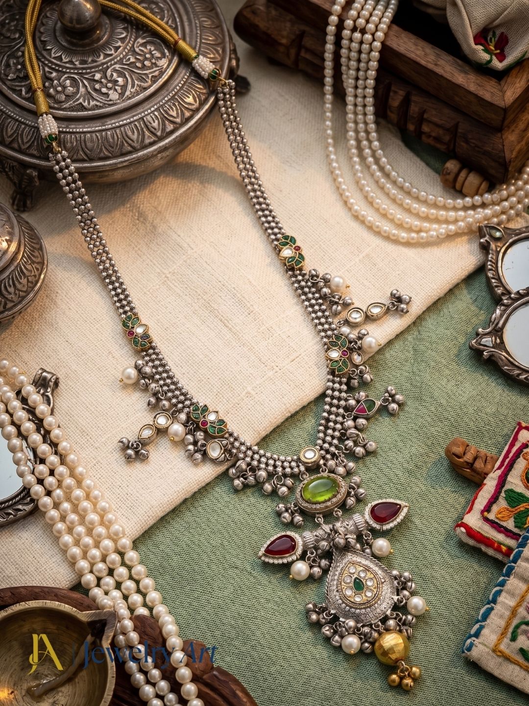 Designer oxidized long necklace with faux kundan polky craftsmanship and intricate motif detailing
