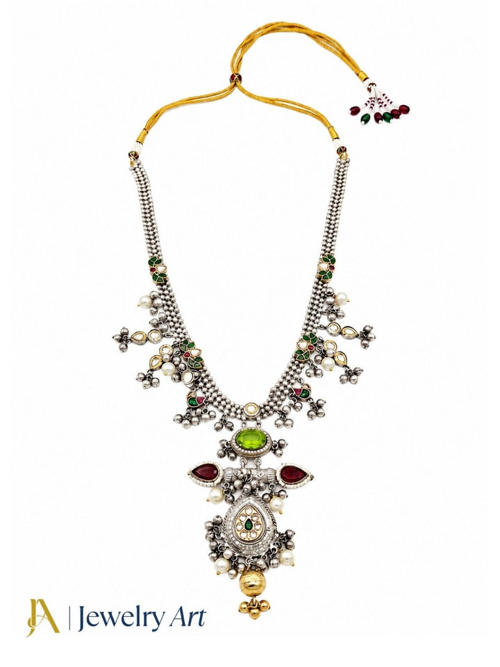 Designer oxidized long necklace with faux kundan polky craftsmanship and intricate motif detailing
