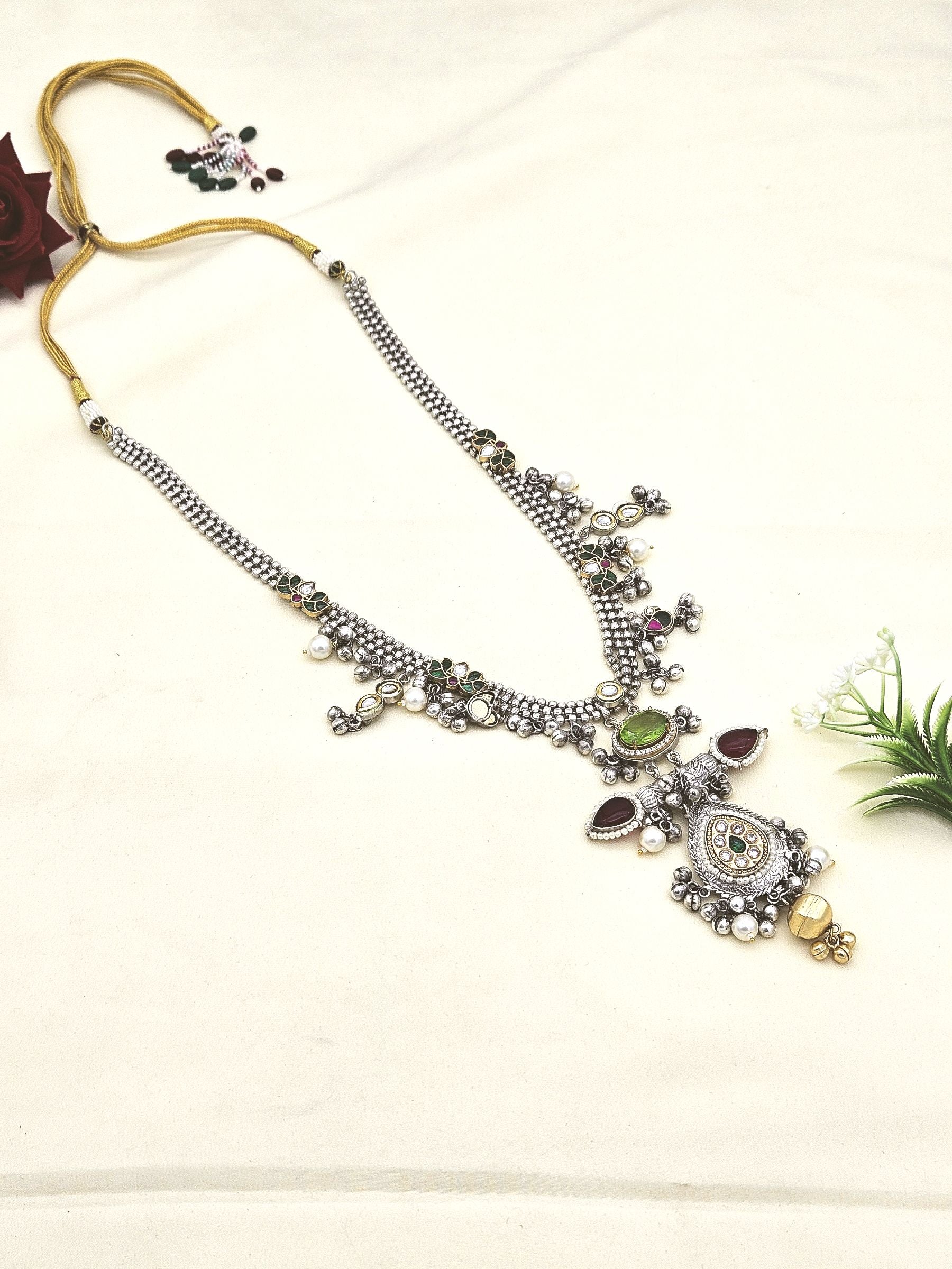 Attractive Silver Oxidized Faux Kundan Polky Pale Green & Red Glass Stone with Designer Motif-Pearl Long Statement Necklace