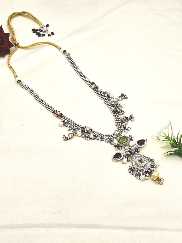 Attractive Silver Oxidized Faux Kundan Polky Pale Green & Red Glass Stone with Designer Motif-Pearl Long Statement Necklace