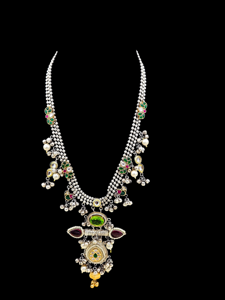 Attractive Silver Oxidized Faux Kundan Polky Pale Green & Red Glass Stone with Designer Motif-Pearl Long Statement Necklace